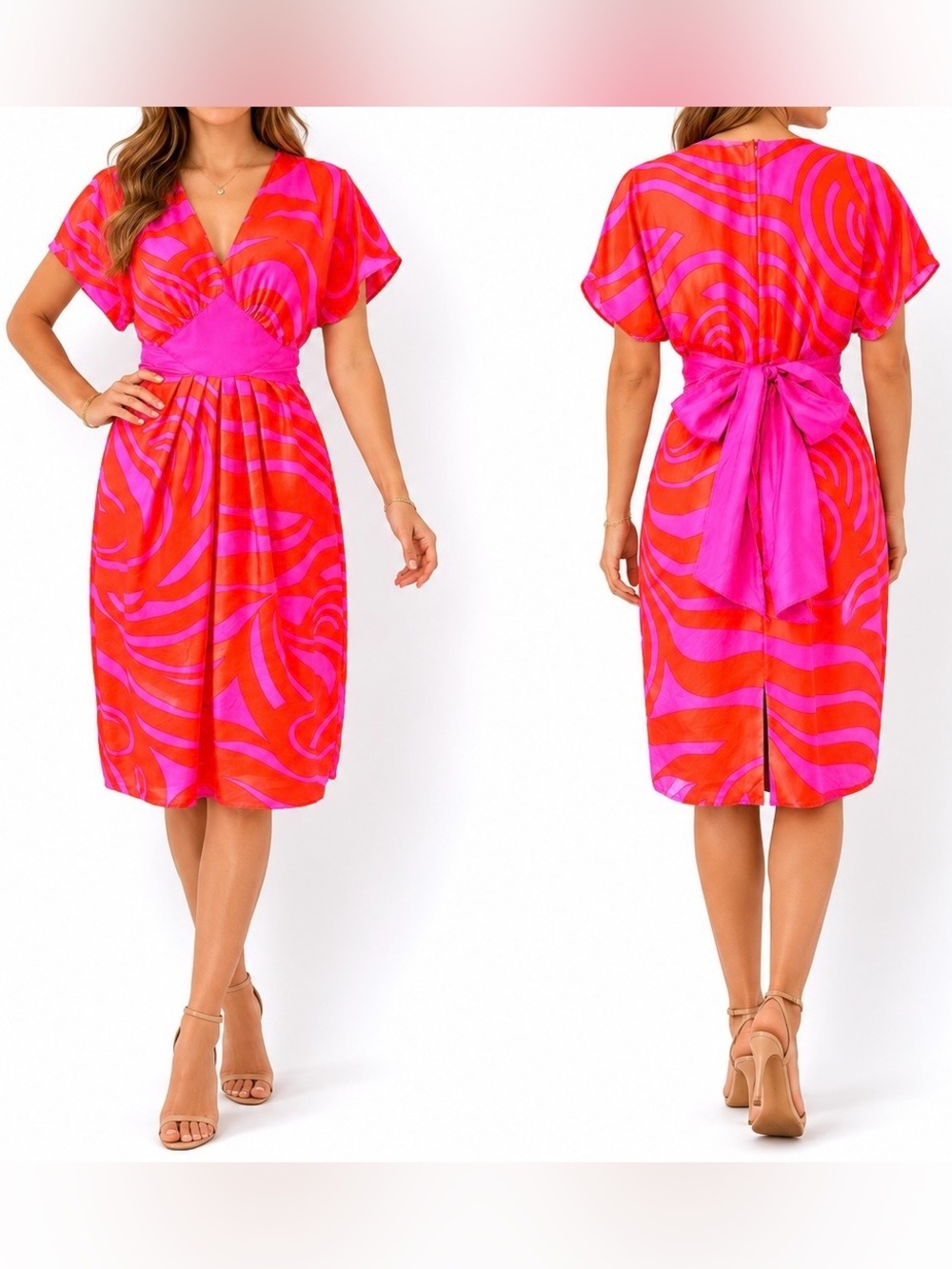 CHETTA B 10% silk Vibrant Pink and Orange V neck Dress dolman sleeve 4